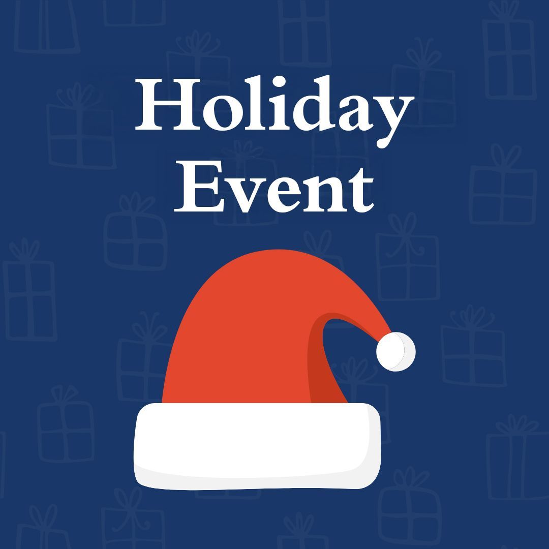 A christmas event poster with a santa hat on a blue background