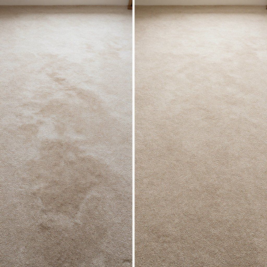 Before and after shots of a tan carpet. The left side is stained; the right side is clean.