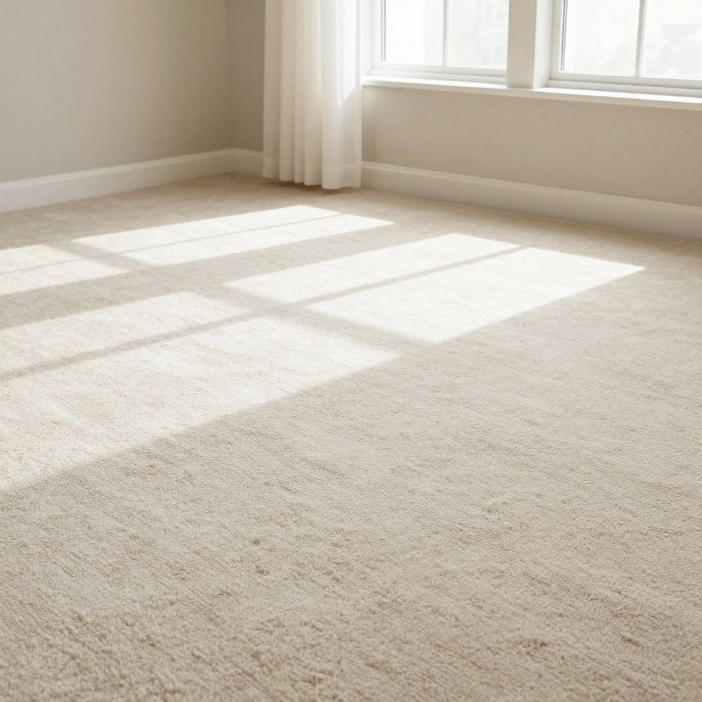 Empty room with beige carpet and sunlight from a window.