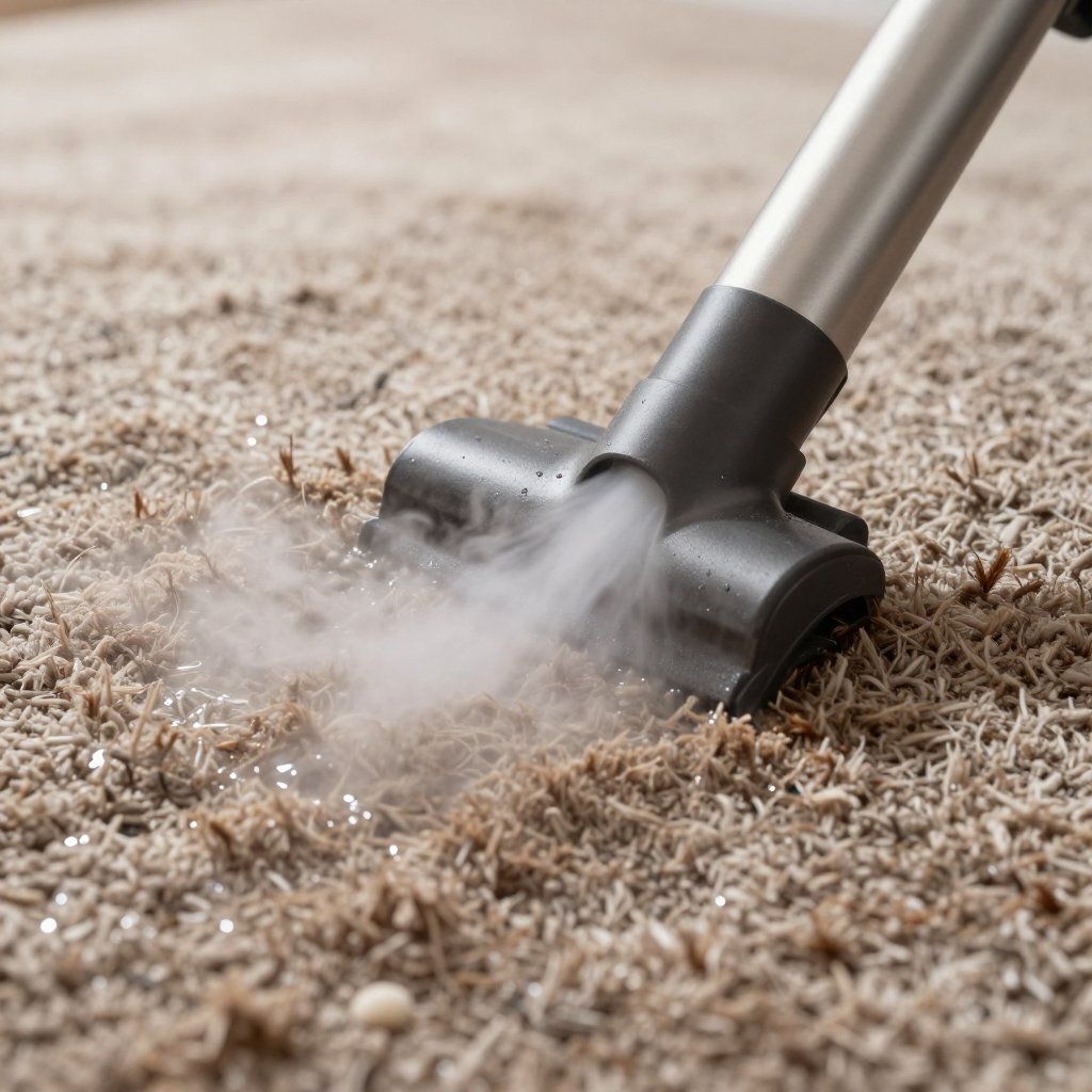 Steam cleaner nozzle on a beige carpet, emitting steam.