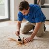 Man kneeling, treating a carpet stain with a brush and cleaning solution indoors.