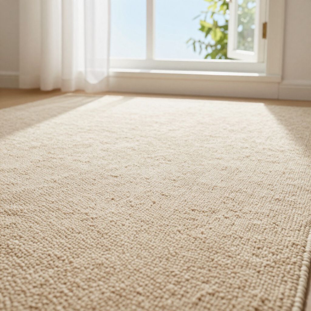 Beige textured rug on a floor, sunlight streaming in from a window.
