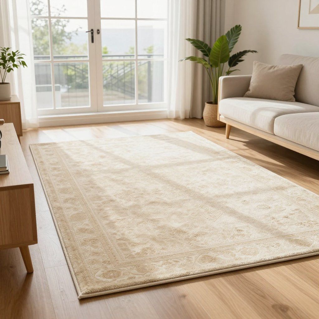 Beige rug in a light-filled living room with wooden floors, sofa, and window.