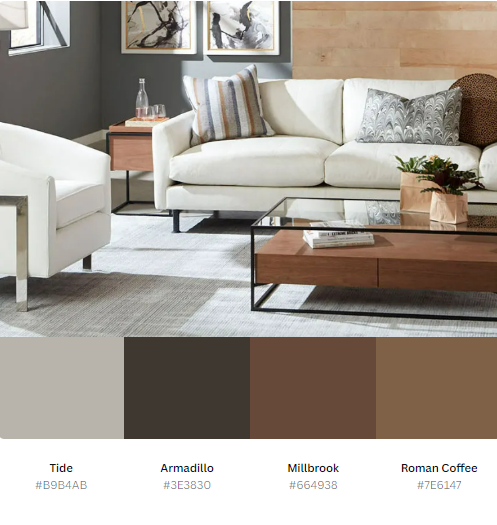 A living room with a white couch and a coffee table