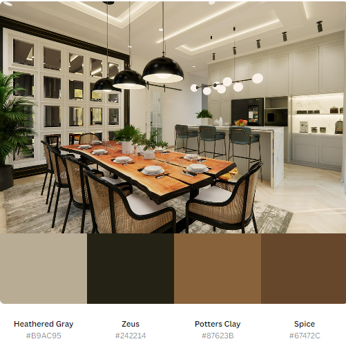 A dining room with a long table and chairs