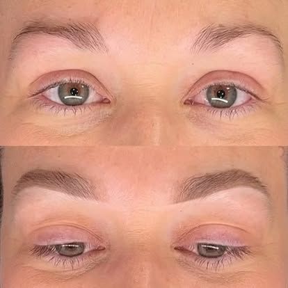 Before and after photos of a person's eyes and eyebrows. The 