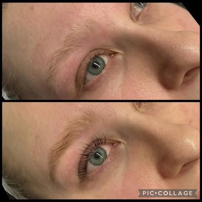 Before and after of a person's eye with light-colored brows and lashes, then after lash lift with darker, fuller lashes.