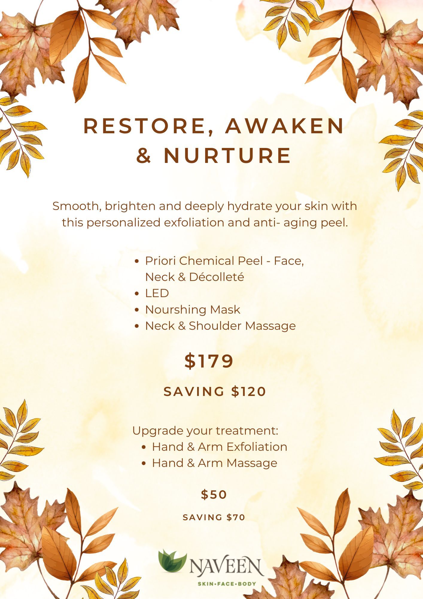 Autumn-themed spa promotion with a chemical peel, LED, music, and massage for $179, saving $120. Upgrades for $50.