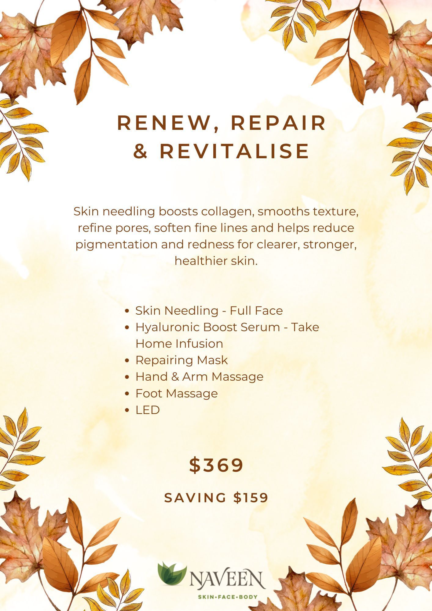 Autumn-themed flyer promoting skin treatments. Includes text and pricing, surrounded by fall foliage.