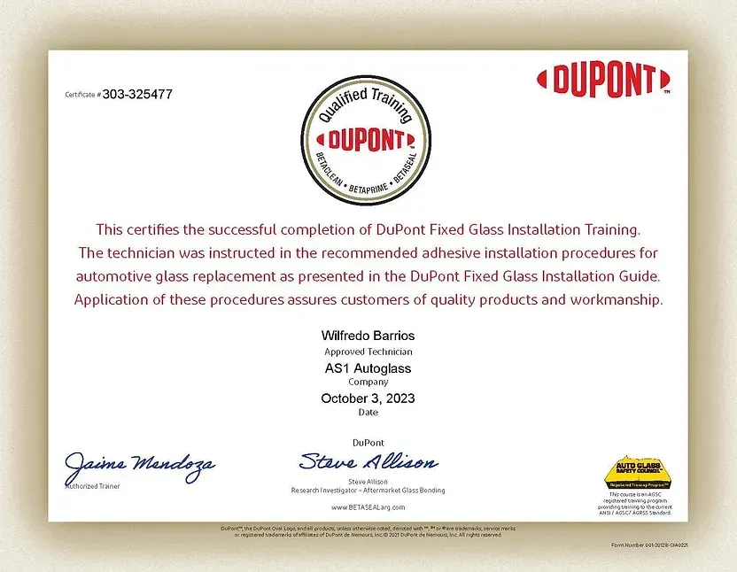 A certificate from dupont that says this certifies the successful completion