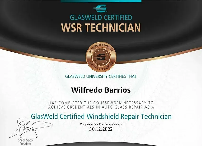 A glassweld certified windshield repair technician certificate for wilfredo barrios.