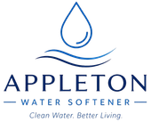 Appleton Water Softener Logo with Water Droplet, Wave Graphic, Clean Water Tagline, and Company Name in Appleton, WI