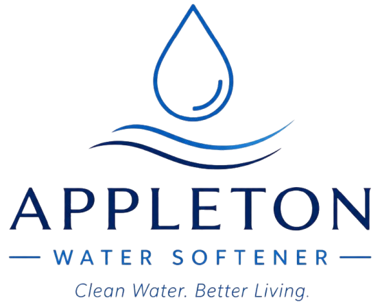Appleton Water Softener Logo with Water Droplet, Wave Graphic, Clean Water Tagline, and Company Name in Appleton, WI