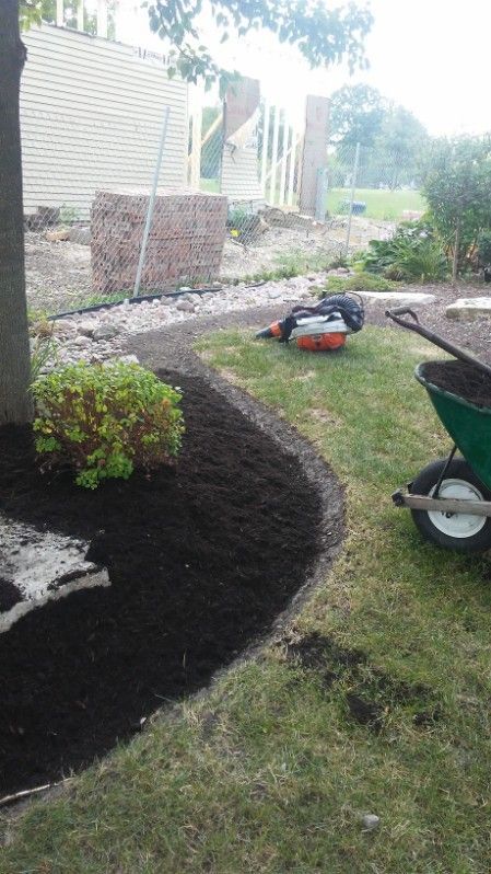 Front yard landscaping with mulch bed, shrubs, a path, and a yard tool near a house.