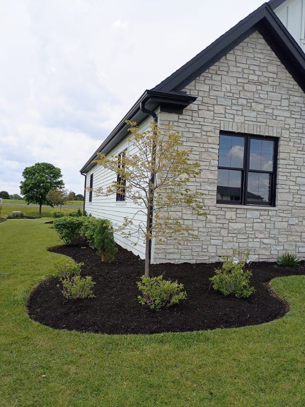 White stone house with black-trimmed windows and a landscaped front lawn and shrubs