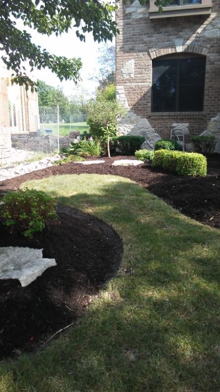 Landscaped yard with curved mulch beds, green lawn, shrubs, and a brick house wall with windows