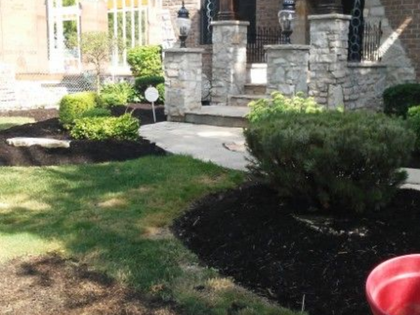 Front yard landscaping with stone steps, shrubs, and a curved walkway beside a house