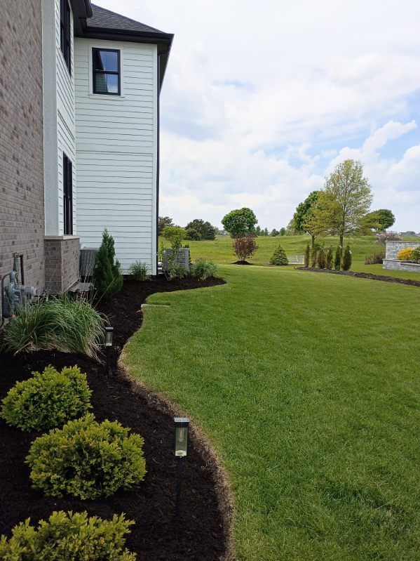 Landscaped yard beside a white house with green lawn, shrubs, and trees under a cloudy sky