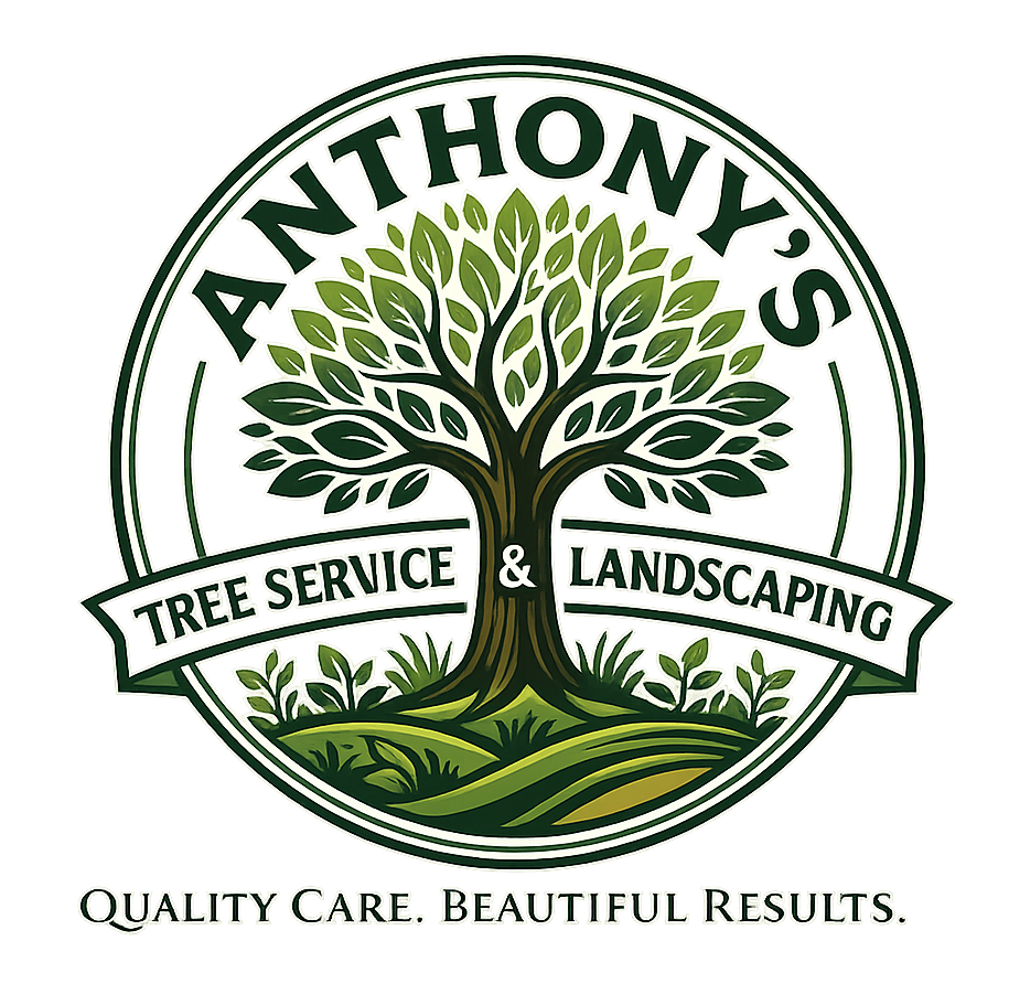Anthony's Tree Service & Landscaping logo with green tree and slogan "Quality Care. Beautiful Results."