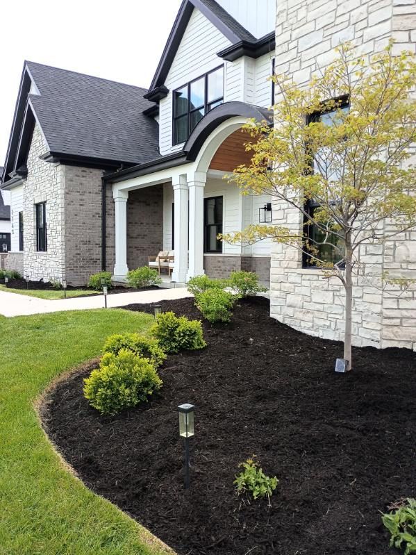 Modern stone house with dark roof, arched entry, and landscaped front yard with shrubs and mulch