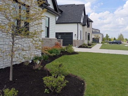 Suburban house with stone exterior, landscaped garden beds, and a green lawn on a sunny day