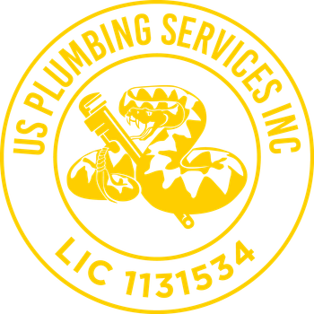 Yellow logo for US Plumbing Services Inc., featuring a snake coiled around a pipe wrench, with license number 71131534.