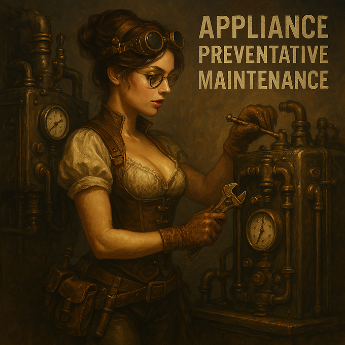 A painting of a woman working on a machine with the words appliance preventative maintenance below her