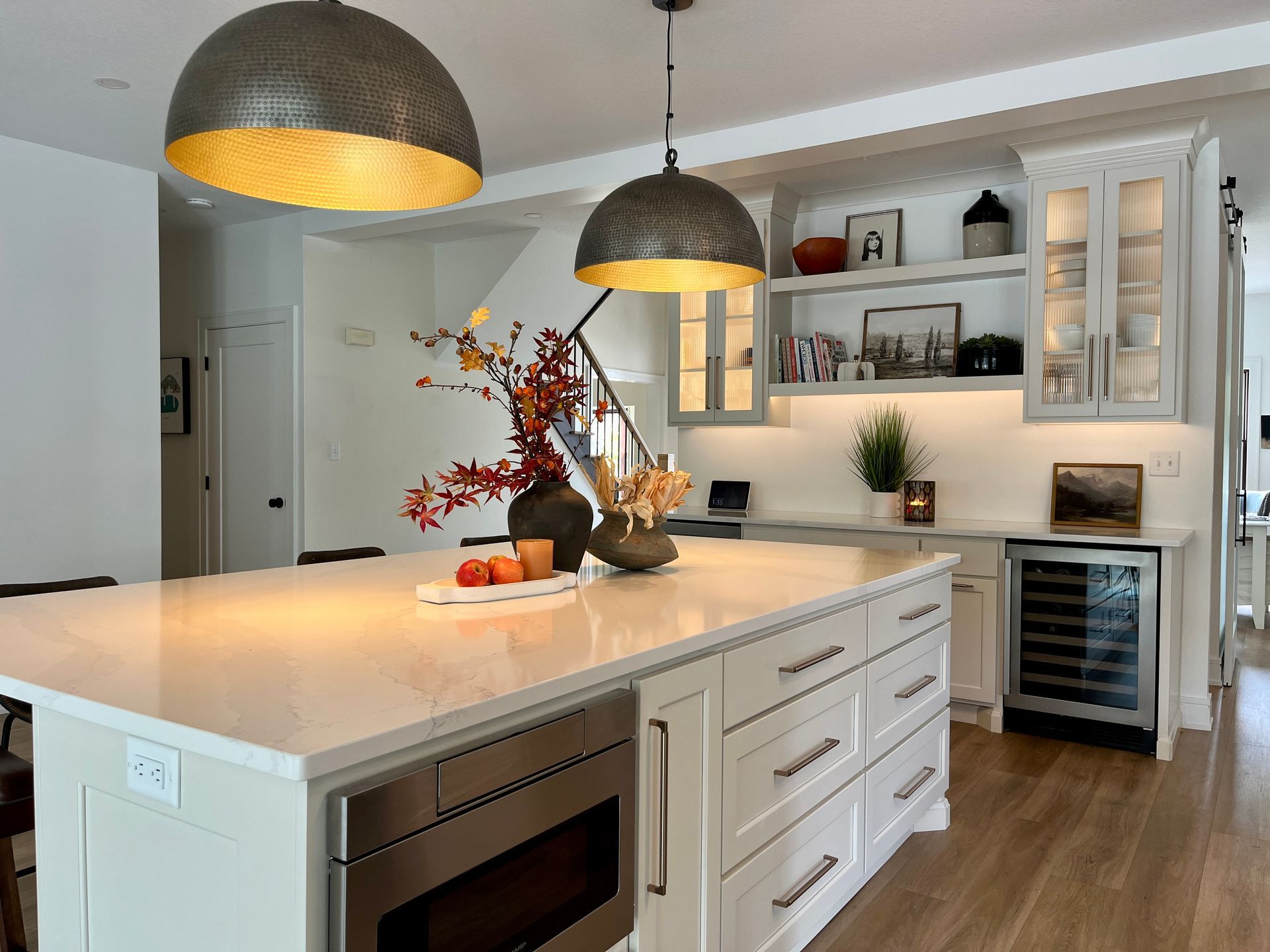 Marble island table with oven installed into it.