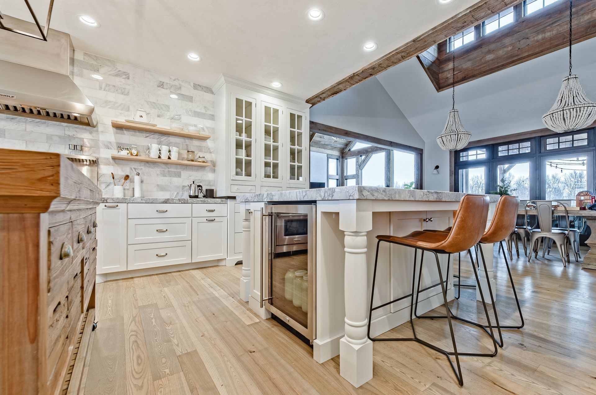 Marble island table and mini fridge installed.