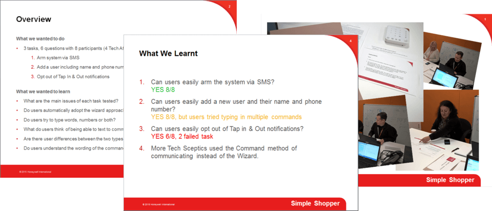 Images of slides from a presentation showing user testing results Images of slides from a presentation showing user testing results