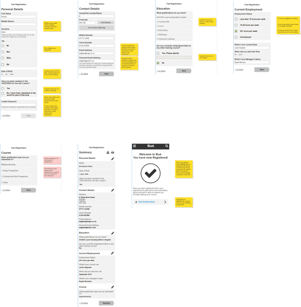 Image of the mobile wireframes for the Learner's sign up Image of the mobile wireframes for the Learner's sign up
