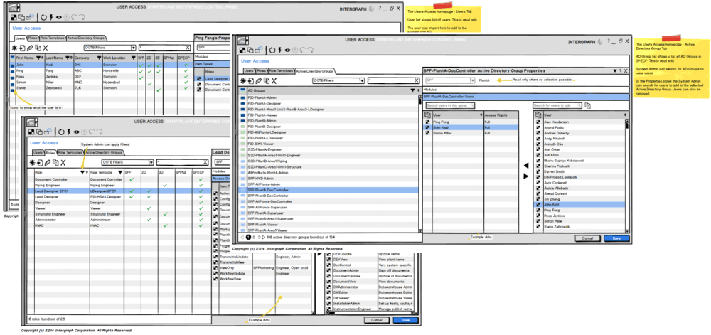 Image of some of the wireframes that show permission settings on individual software