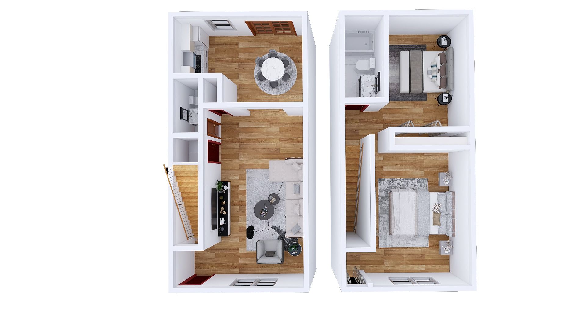 Floor plan of an apartment with kitchen, living area, bedroom, and bathroom.