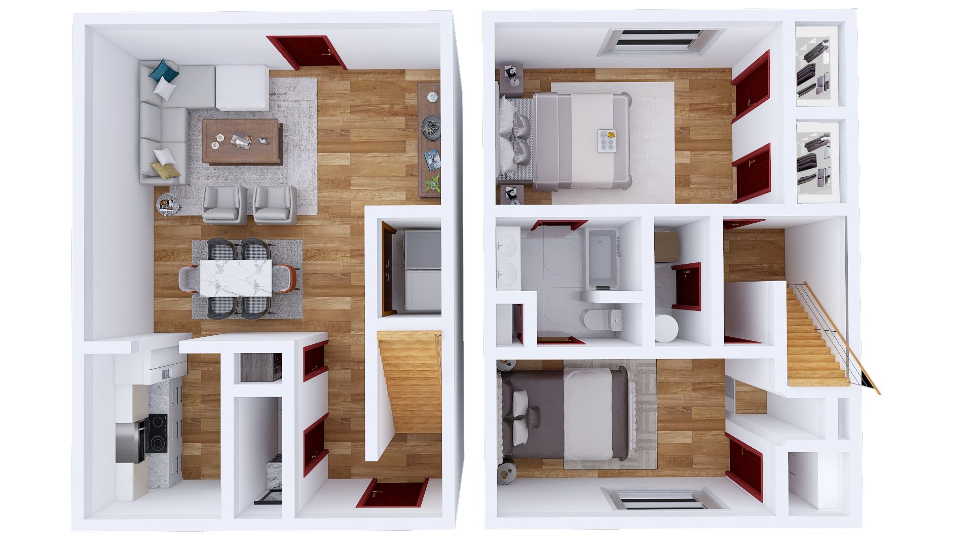 Floor plan of an apartment, showing rooms and appliances.
