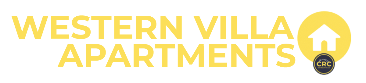 Yellow text reads "WESTERN VILLA APARTMENTS" with a yellow circle containing a house icon and a small circle labeled "cgc."