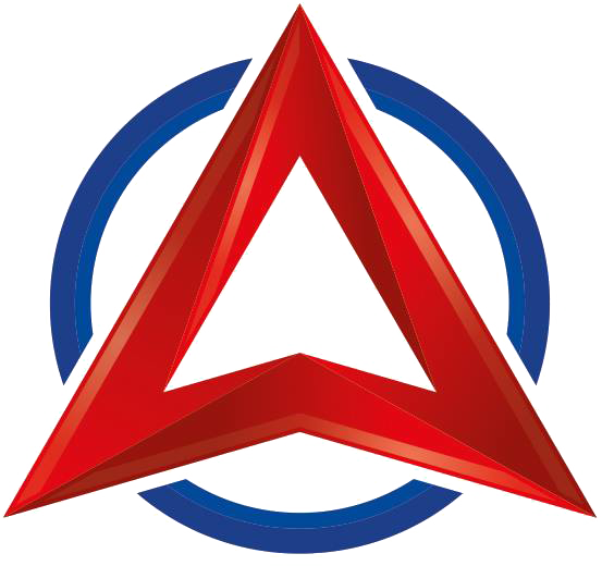 Red angular triangle logo with a blue circular ring on a white background