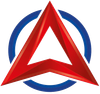 Red angular triangle logo with a blue circular ring on a white background