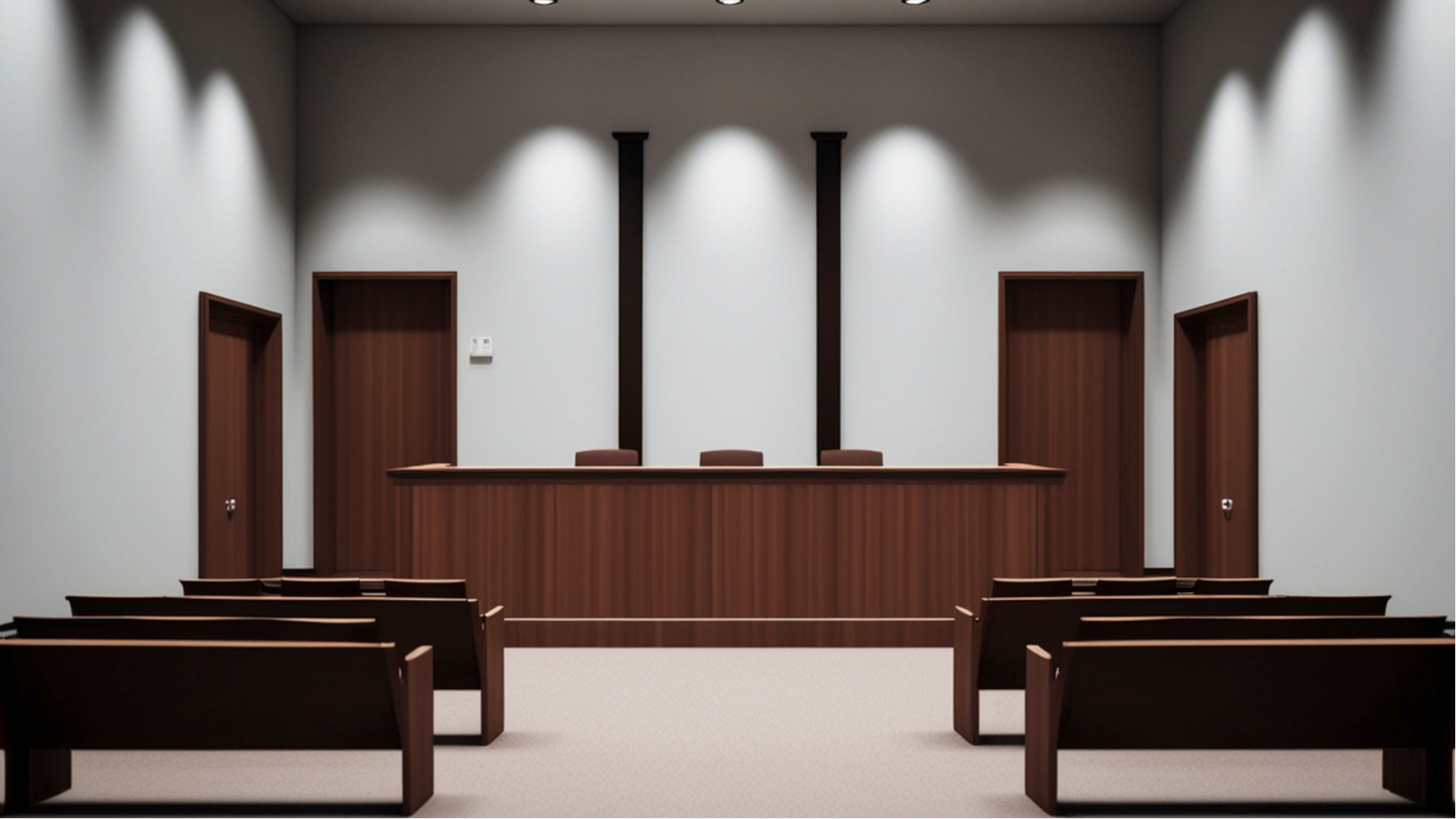 Empty courtroom with wooden benches, judge’s bench, and tall wall lights.