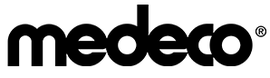 A black and white logo for medeco on a white background.
