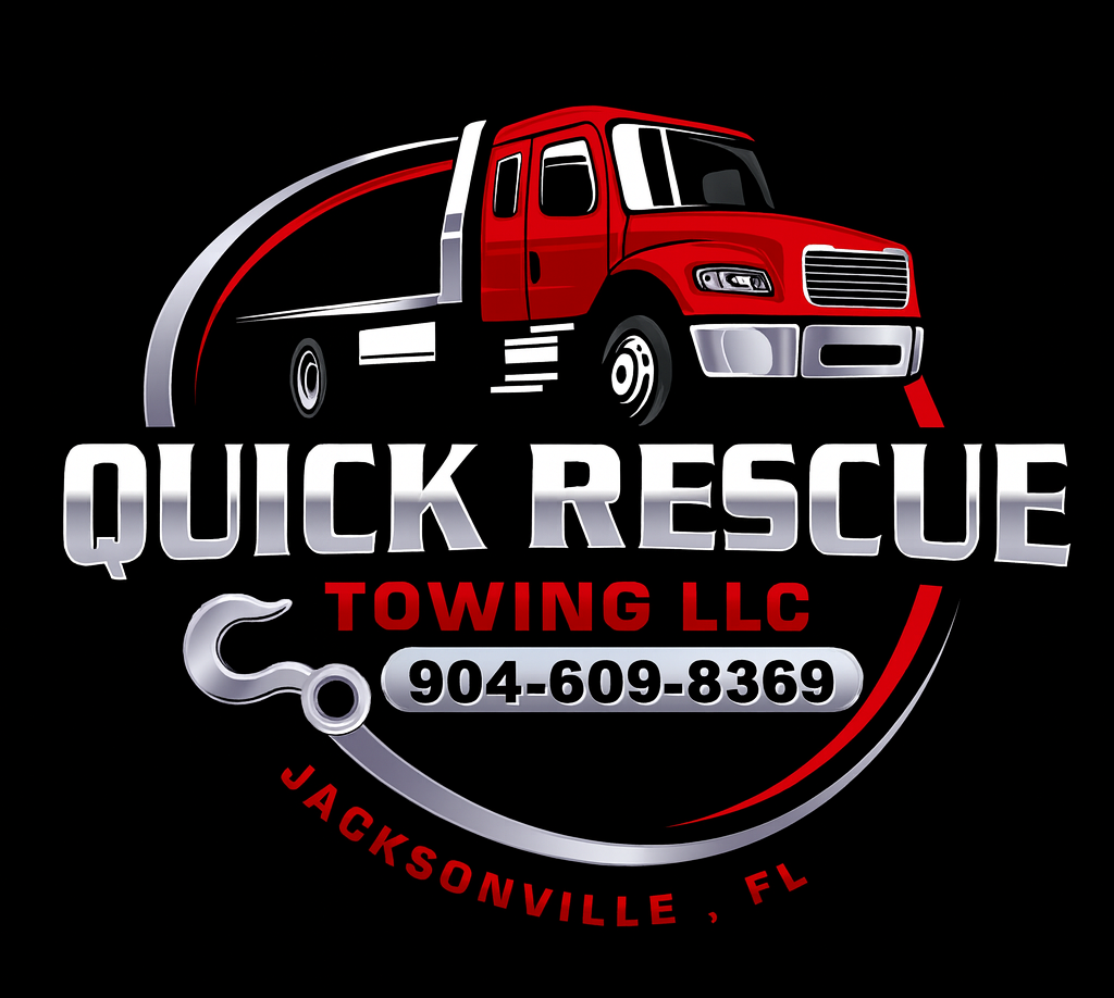 Logo for Quick Rescue Towing LLC: Red tow truck, silver text, phone number, Jacksonville, FL.