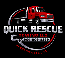 Logo for Quick Rescue Towing LLC: Red tow truck, silver text, phone number, Jacksonville, FL.