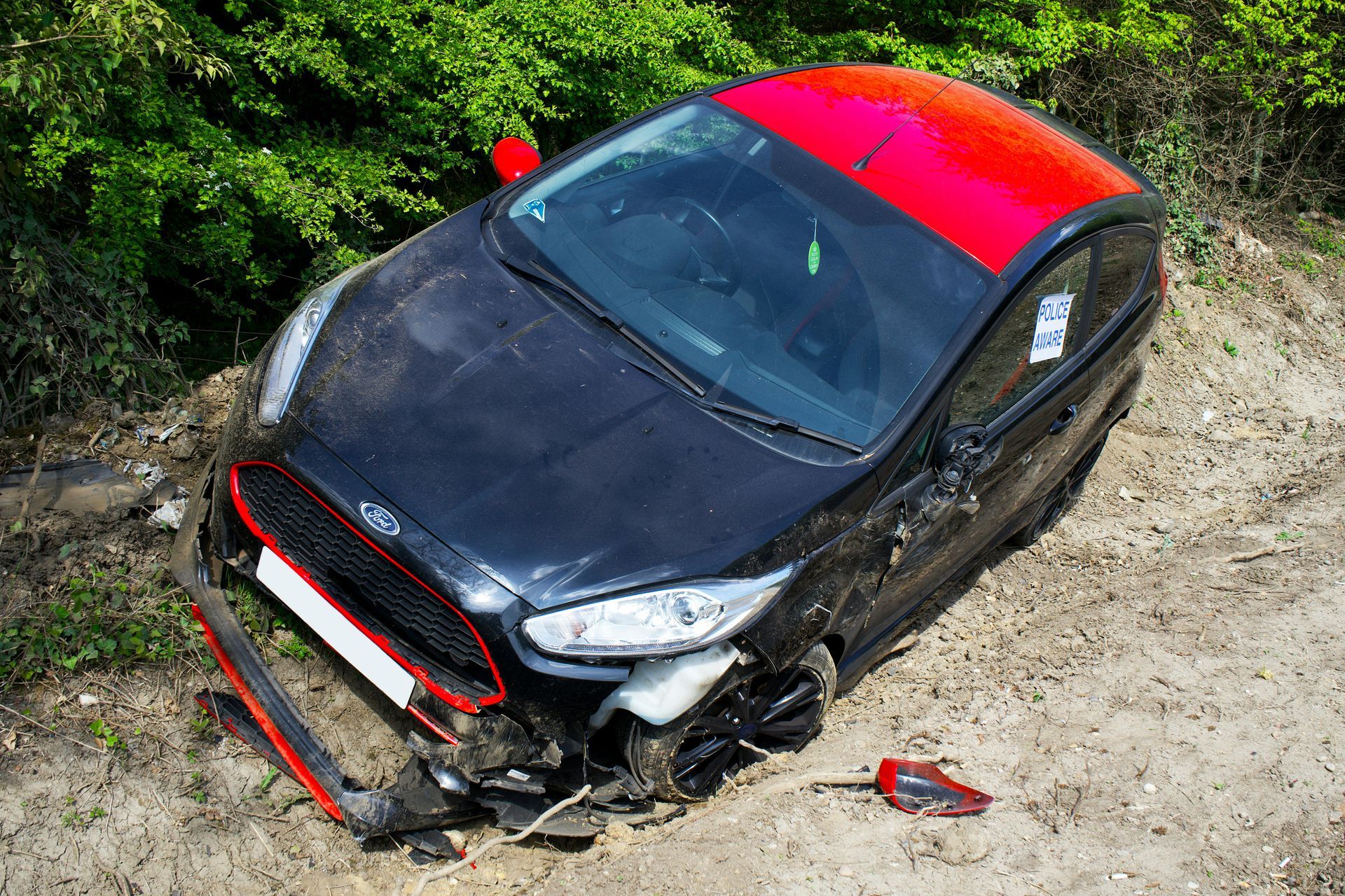 Damaged black car with red roof, off the road near green foliage.