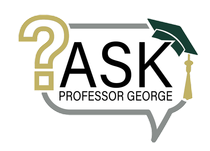 A logo for ask professor george with a speech bubble and a graduation cap.