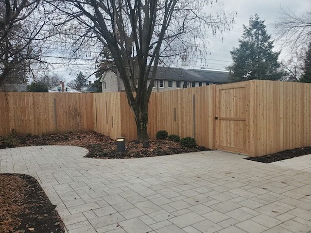 A wooden fence with a gate in the backyard.