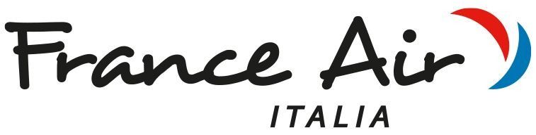 Logo di France Air Italia caratterizzato da una scritta nera in stile manoscritto e da un'icona grafica stilizzata e curva, nei colori rosso e blu.