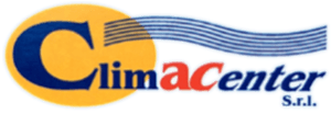 Logo per Climacenter Srl con testo blu su sfondo ovale giallo e linee ondulate blu nella parte superiore.