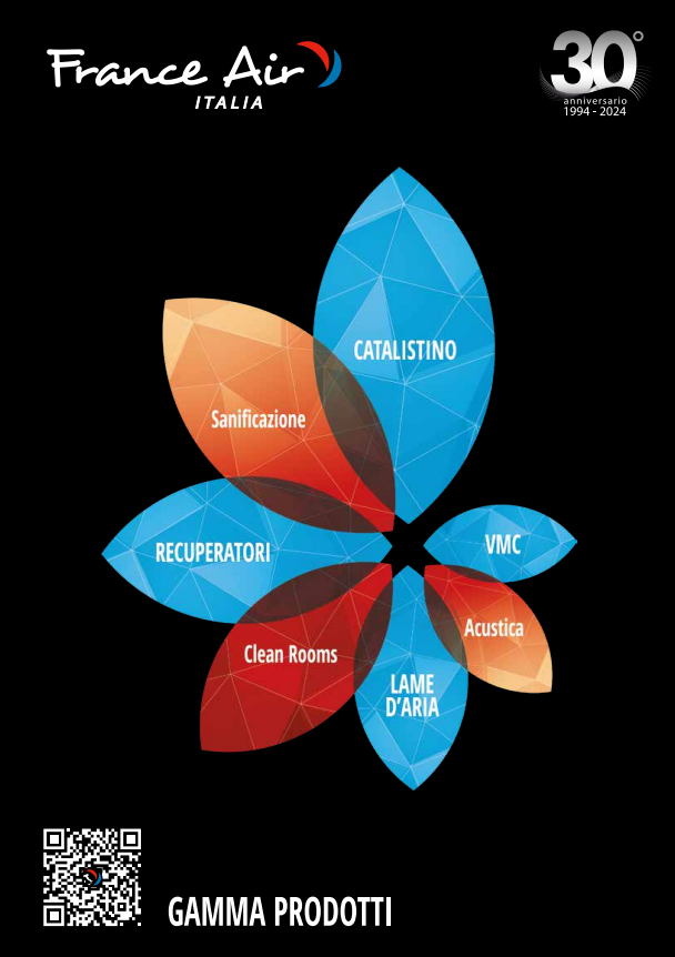 Logo di France Air Italia e stemma del 30° anniversario sopra una grafica a forma di fiore che rappresenta le categorie di prodotti su sfondo nero.