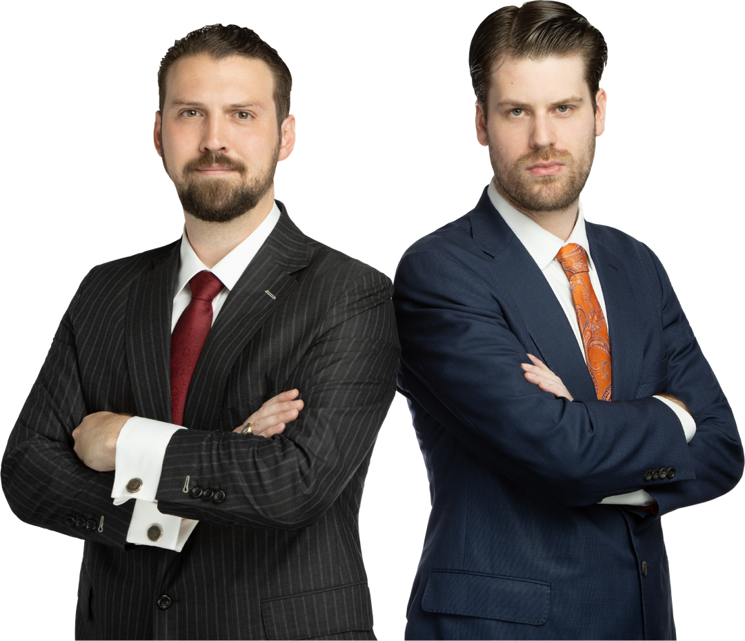 Two men in suits with arms crossed, standing back to back.