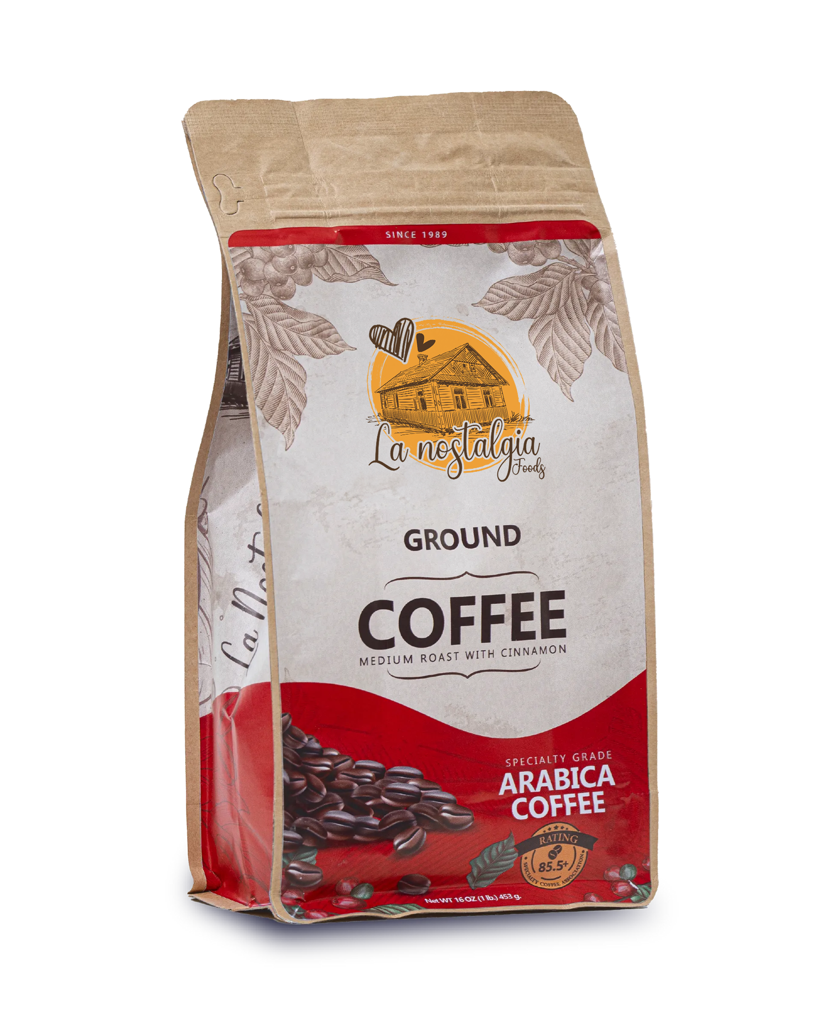 A bag of ground coffee is on a white background.
