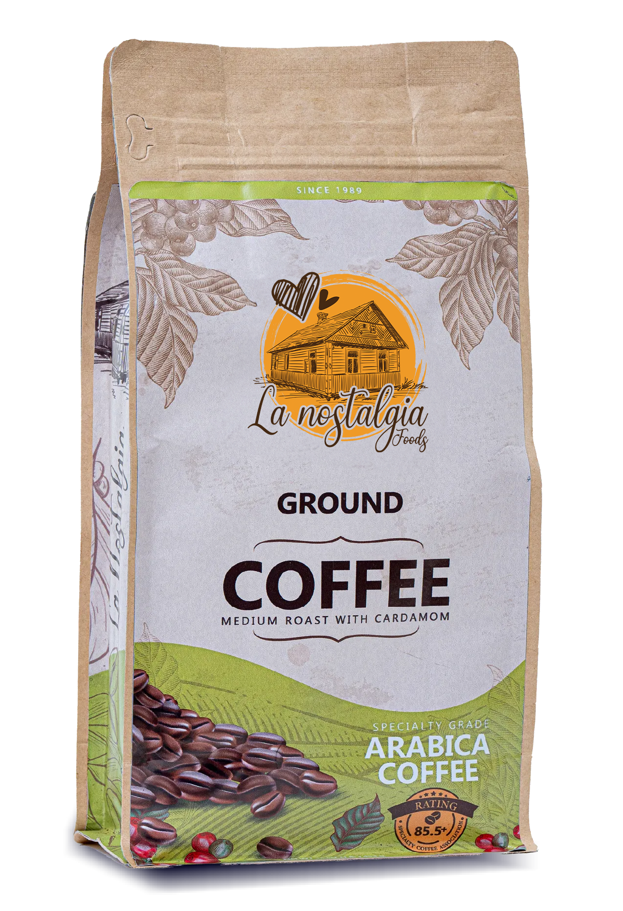 A bag of ground coffee is on a white background.